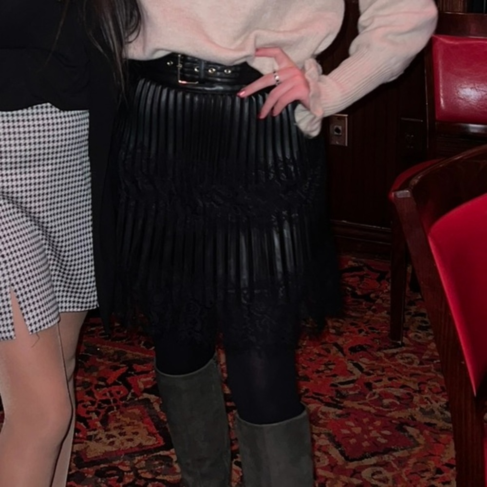 River Island Black Pleated Leather Mini Skirt With Lace Trim